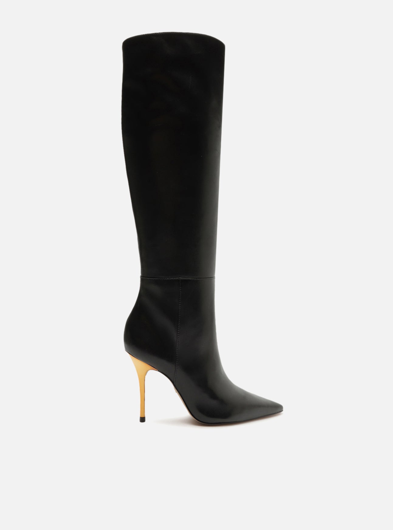 Black leather knee-high boot with high gold stiletto heels and a pointed toe. It has a tight upper part.