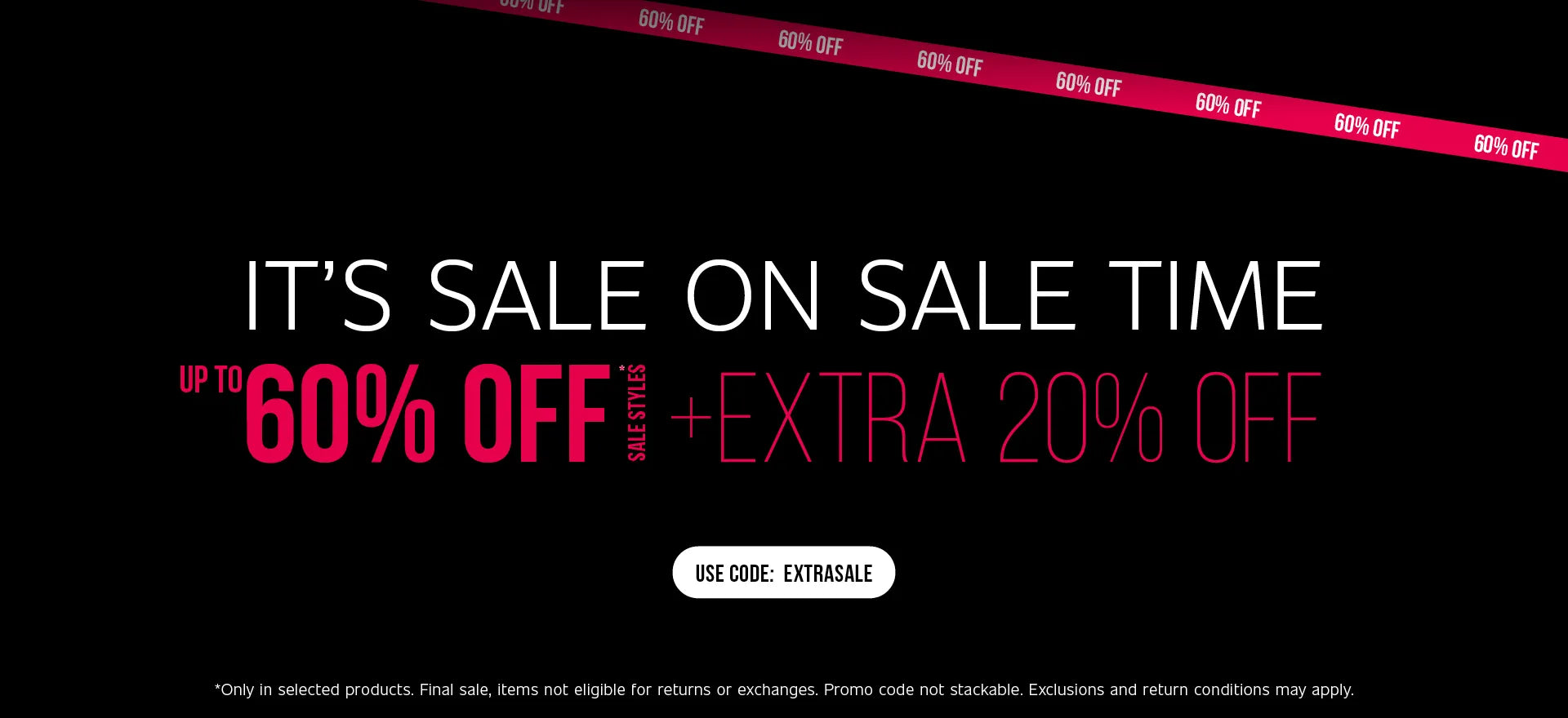 Black sale banner with text 'It's Sale on Sale Time – Up to 50% off sale styles plus extra 20% off. Use code EXTRASALE.