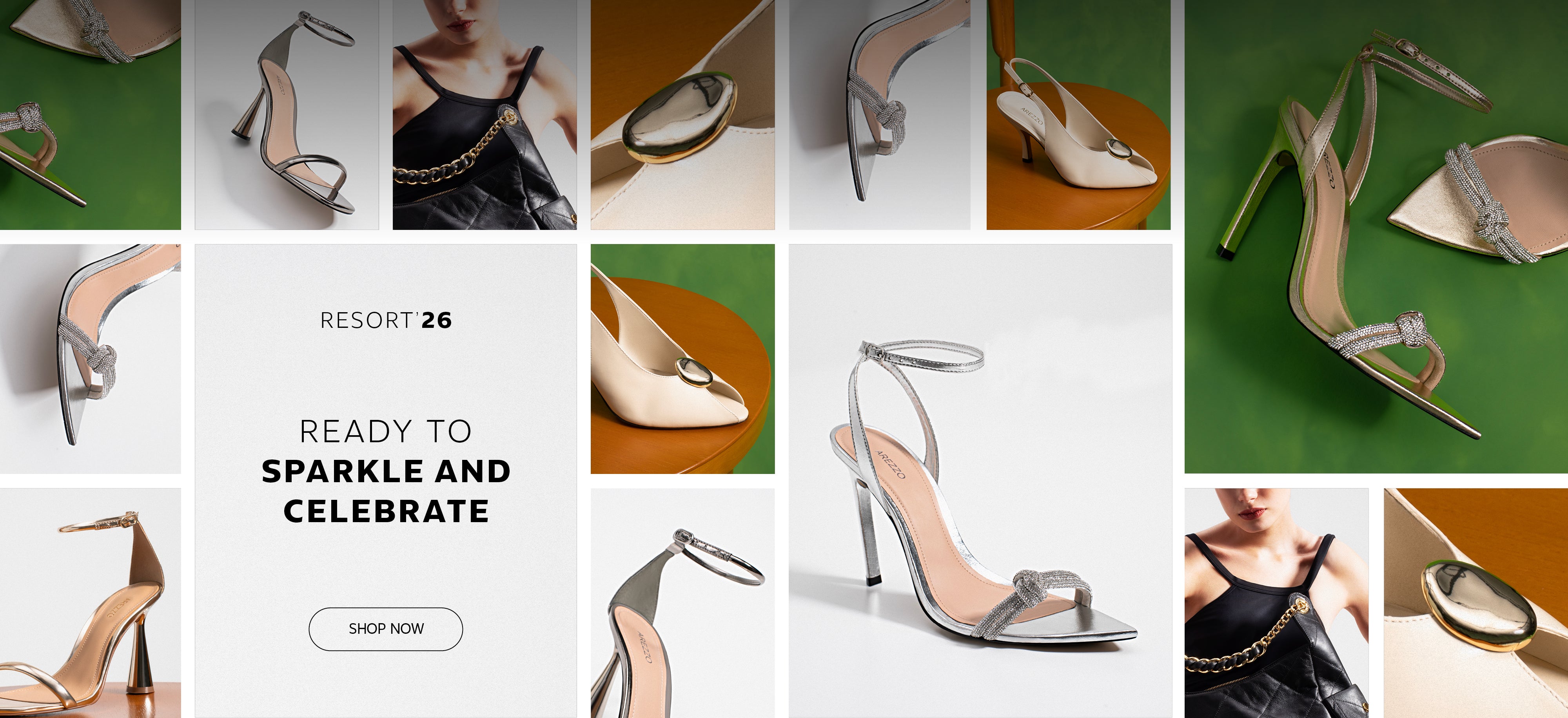 Silver high-heel sandals with crystal-embellished straps, highlighting the Resort ’26 collection. A collage of close-up product shots frames the central message — “Ready to Sparkle and Celebrate.”