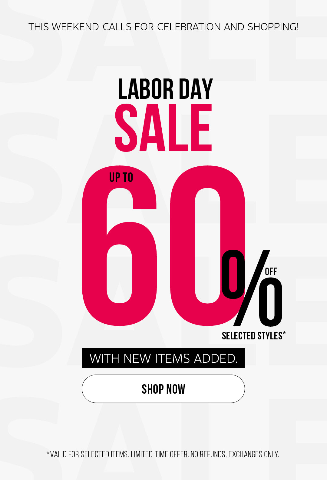 Labor Day Sale banner showing up to 60% off selected styles with new items added, fashion footwear promotion.