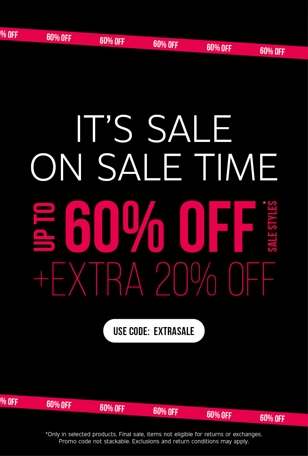 Black sale banner with text 'It's Sale on Sale Time – Up to 50% off sale styles plus extra 20% off. Use code EXTRASALE.