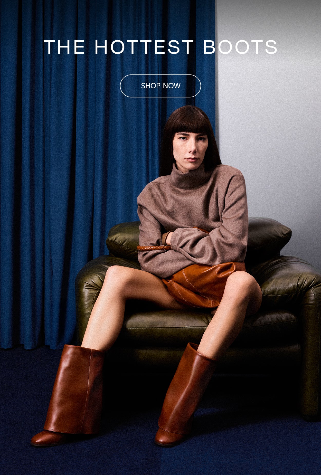 Model wearing oversized brown leather knee-high boots, styled with a beige sweater and leather skirt, from Arezzo.