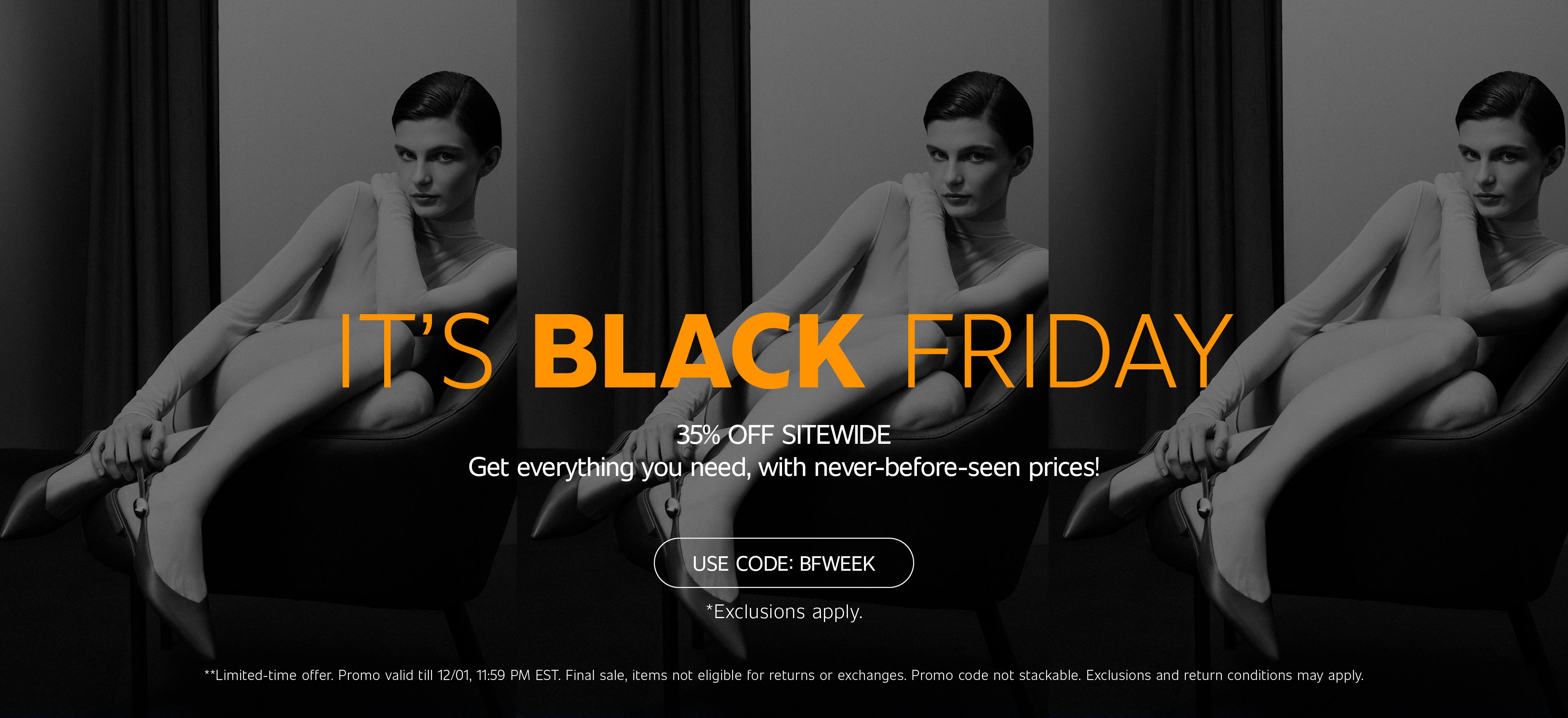 Black sale banner with text 'It's Black Friday - 35% OFF SITEWIDE"