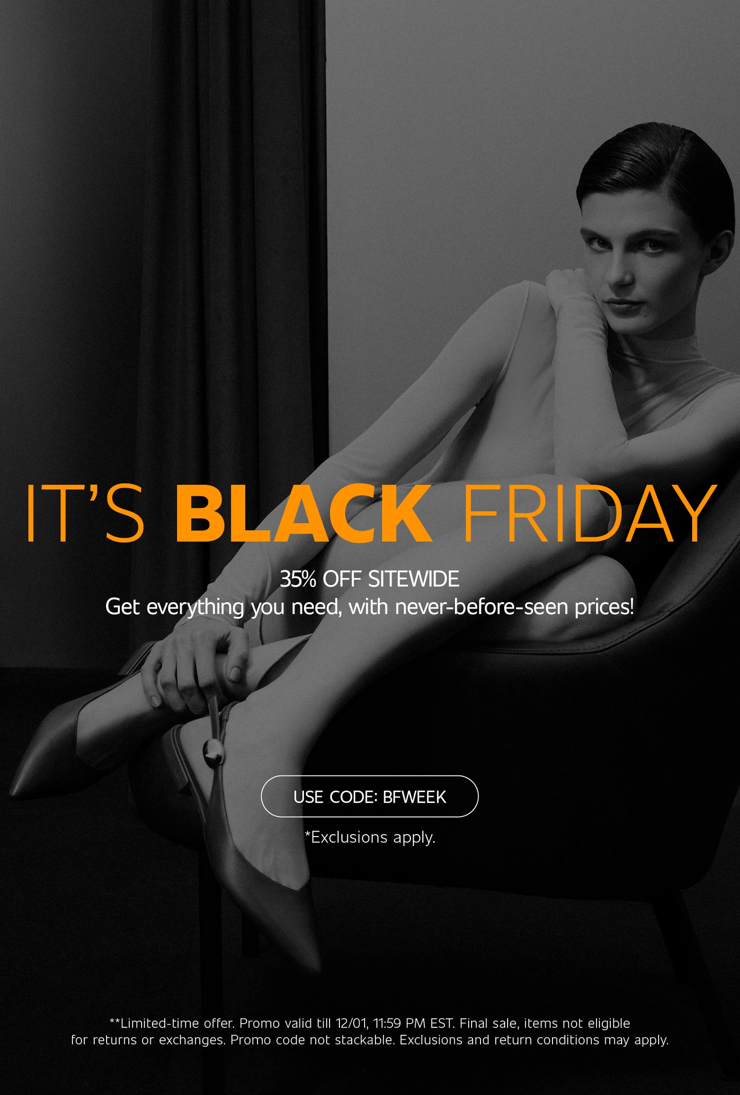 Black sale banner with text 'It's Black Friday - 35% OFF SITEWIDE"