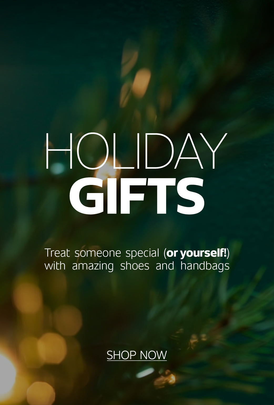 Holiday Gifts banner with blurred Christmas lights and greenery background, promoting Arezzo’s gift selection of shoes and handbags.