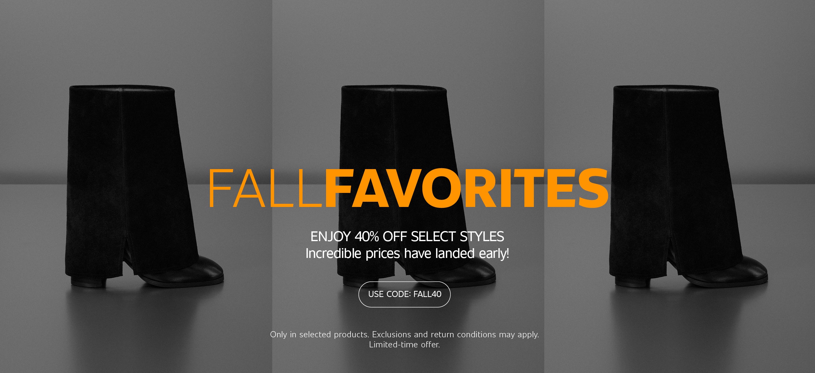 Black leather ankle boots on a grey background with ‘Fall Favorites’ banner promoting 40% off select styles.