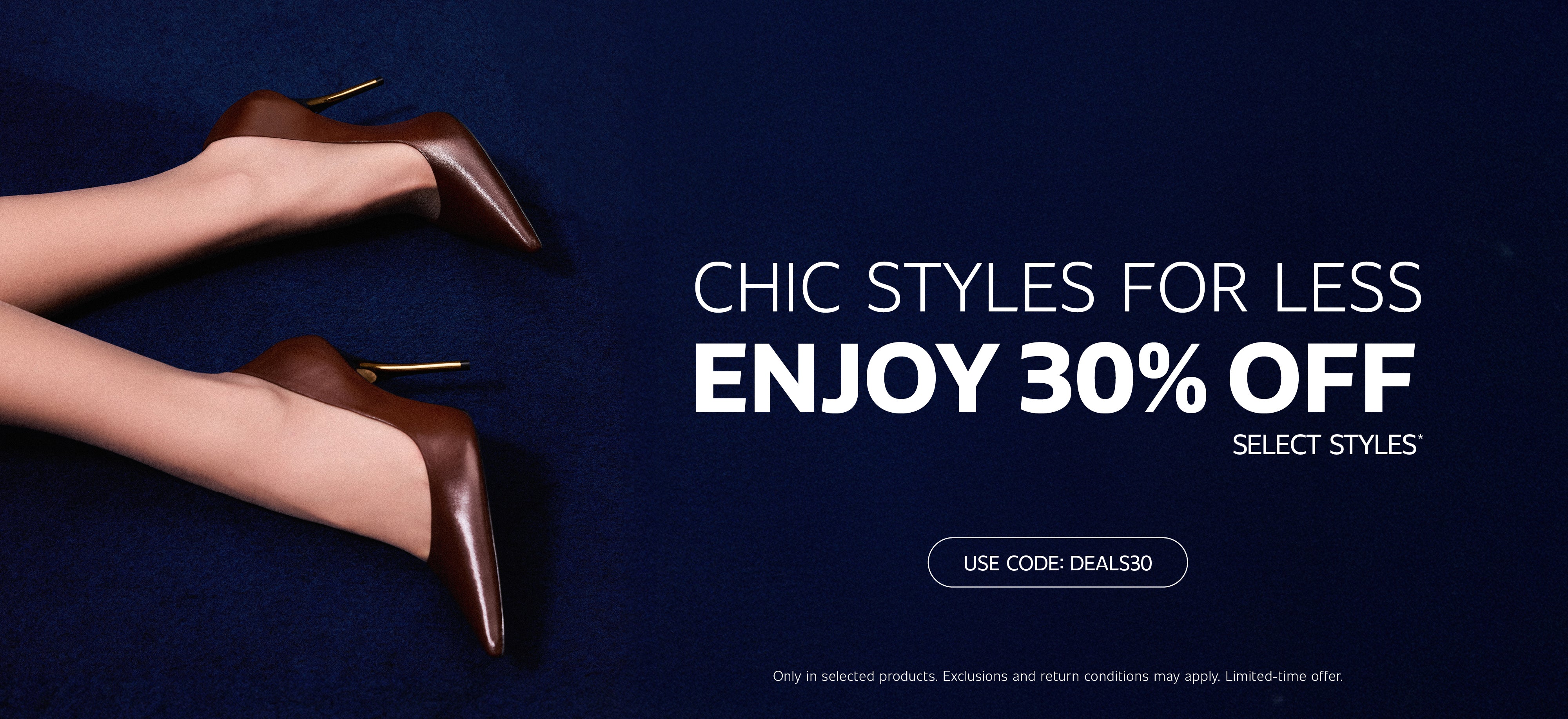 Brown pointed-toe high heels on a deep navy background, highlighting a 30% OFF promotion on select styles. USE CODE: DEALS30