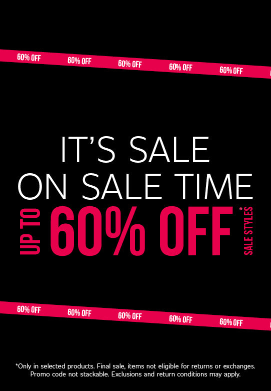 Black sale banner with text 'It's Sale on Sale Time – Up to 60% off sale styles.