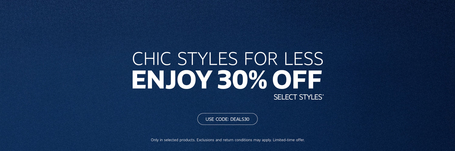 Blue gradient banner promoting 30% OFF on select styles. Use code: DEALS30.