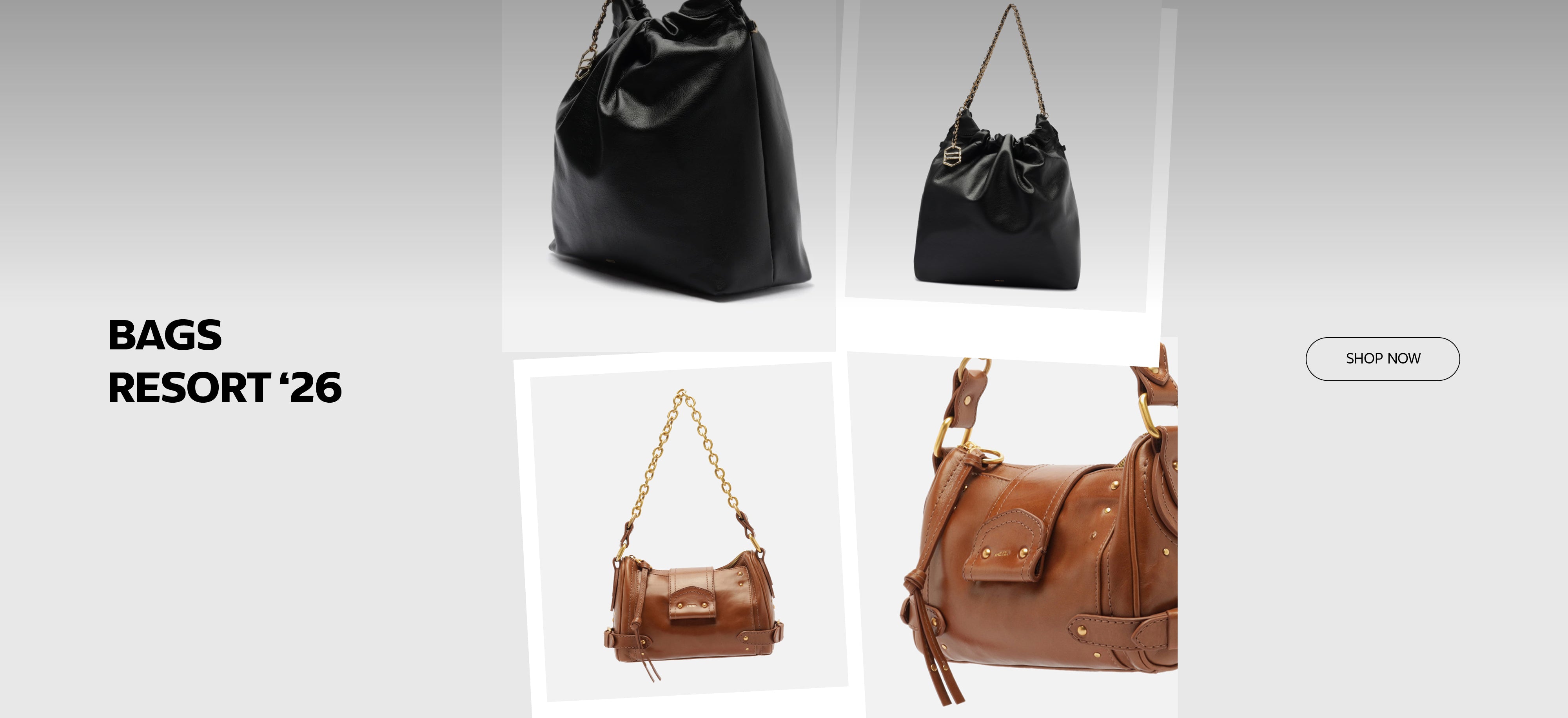 Arezzo homepage banner with the text ‘Bags Resort ’26,’ featuring a collage of handbags, including black and brown leather bags with gold chain straps, on a light background.