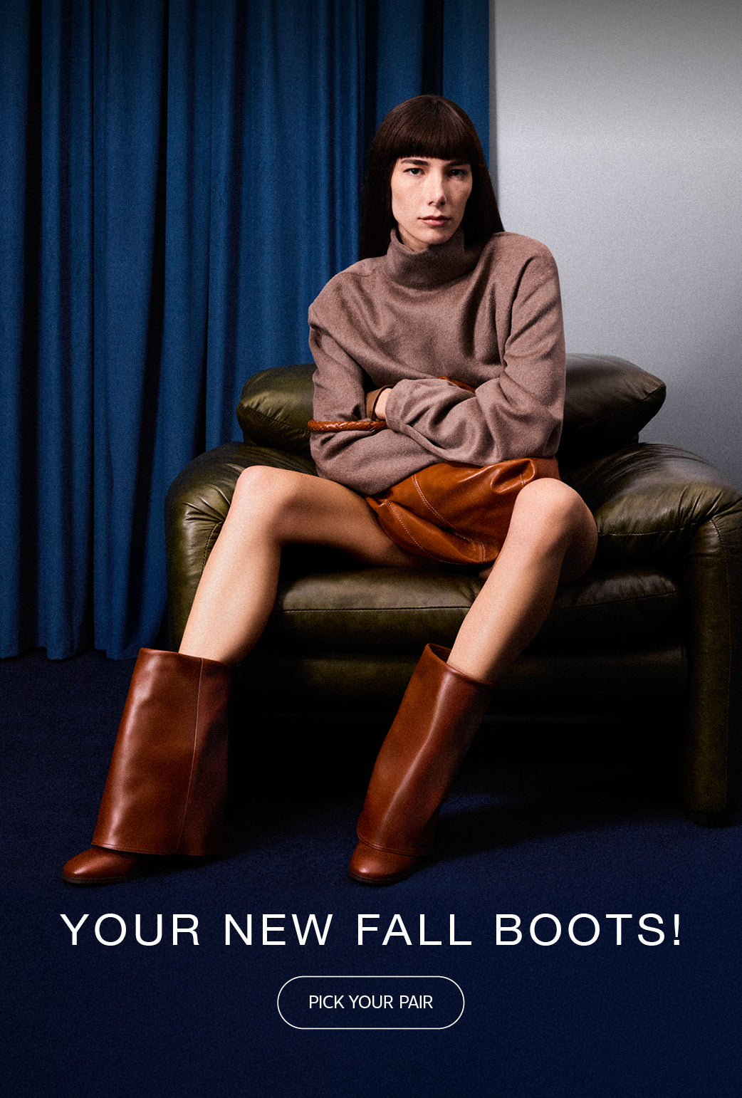 Model wearing fall outfit: brown turtleneck sweater, leather skirt, and tall brown leather boots. Shop new fall boots.