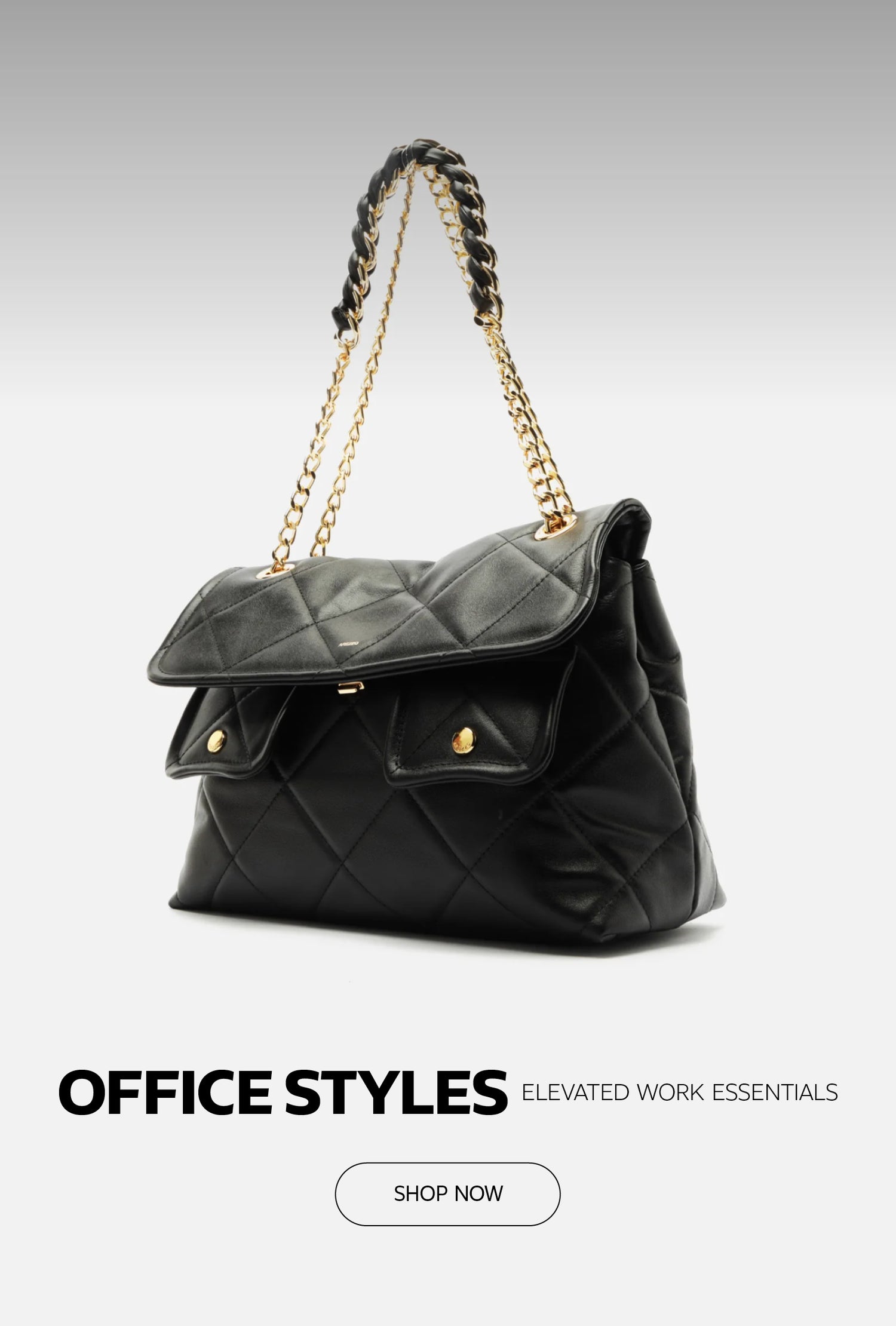 Arezzo homepage banner with the text ‘Office Styles – Elevated Work Essentials,’ featuring a burgundy high-heel slingback on the left and a black quilted handbag with a gold chain strap on the right, on a light background.