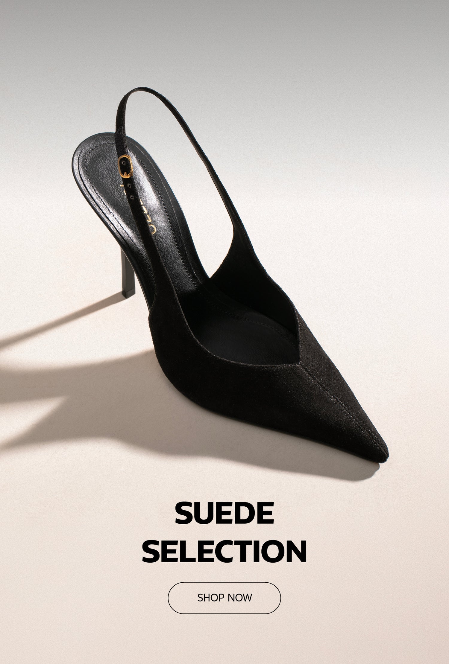 Arezzo homepage banner with the text ‘Suede Selection,’ featuring a black suede pointed-toe slingback heel casting a soft shadow on a light background.