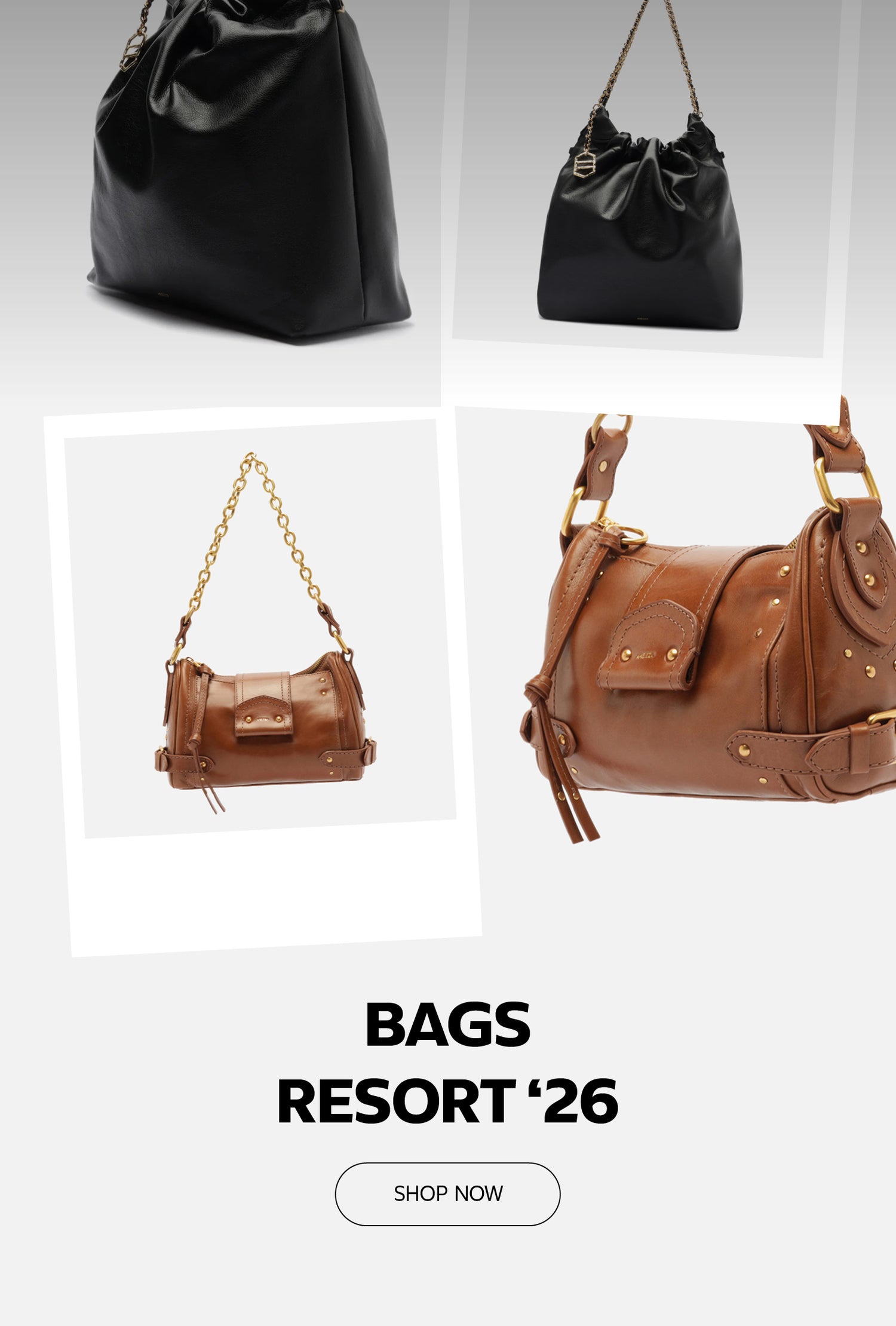 Arezzo homepage banner with the text ‘Bags Resort ’26,’ featuring a collage of handbags, including black and brown leather bags with gold chain straps, on a light background.