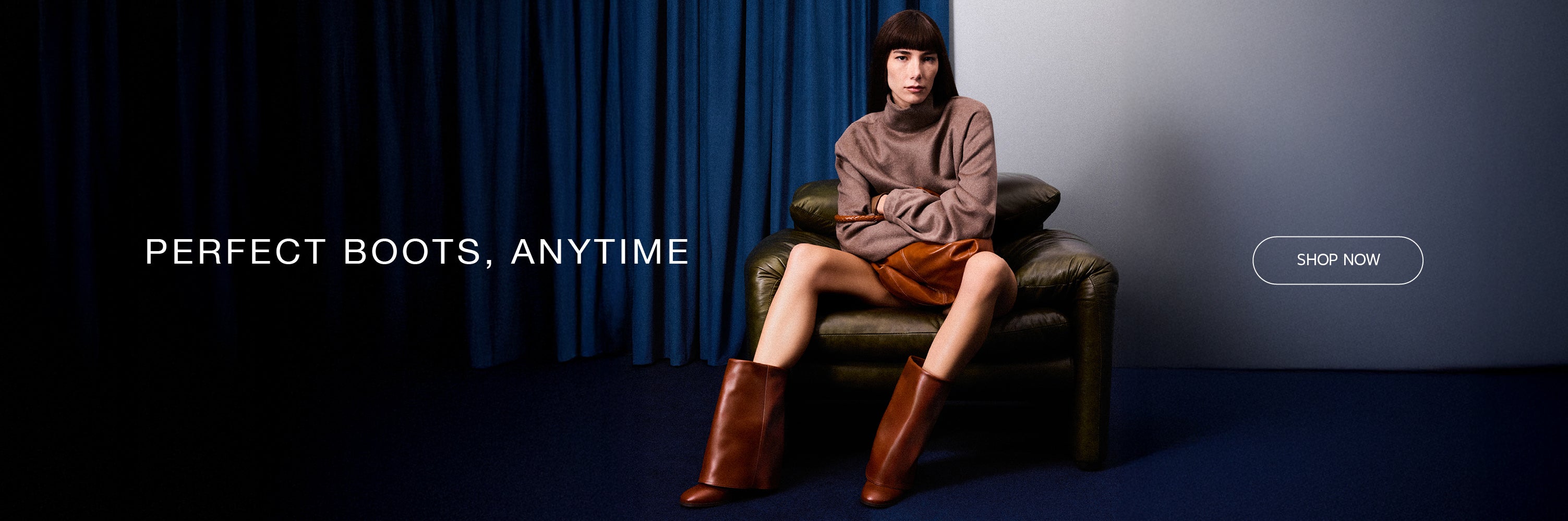 Model showcasing tall brown leather riding boots and a stylish fall look. Perfect Boots, Anytime. Shop Now.