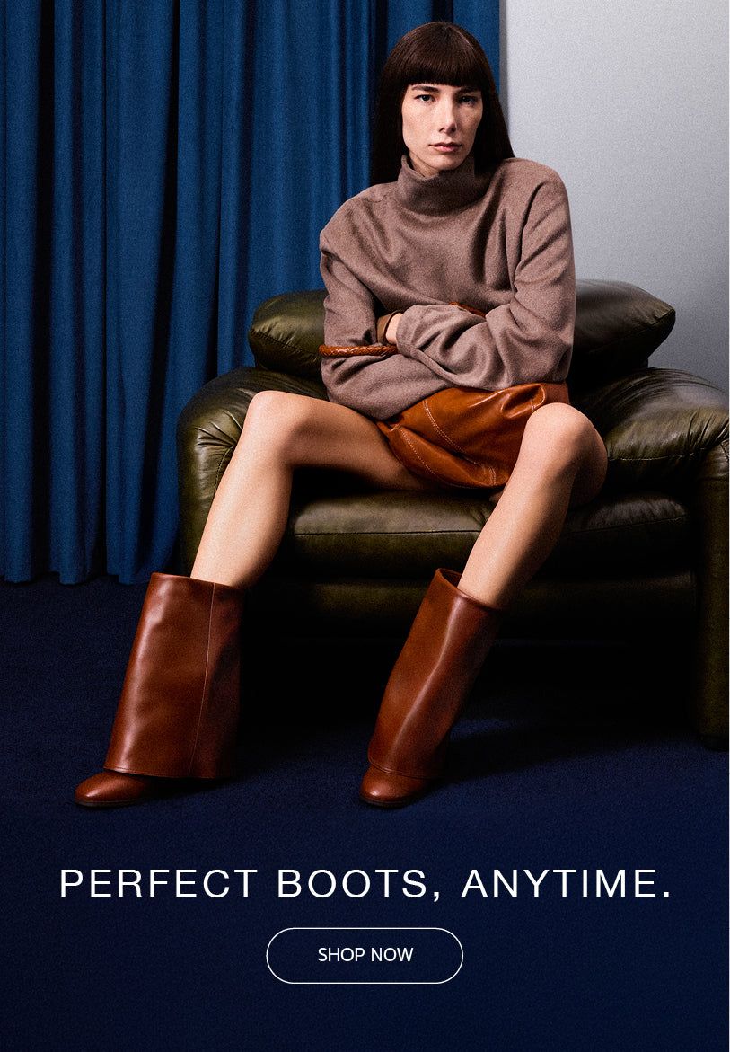 Model showcasing tall brown leather riding boots and a stylish fall look. Perfect Boots, Anytime. Shop Now.