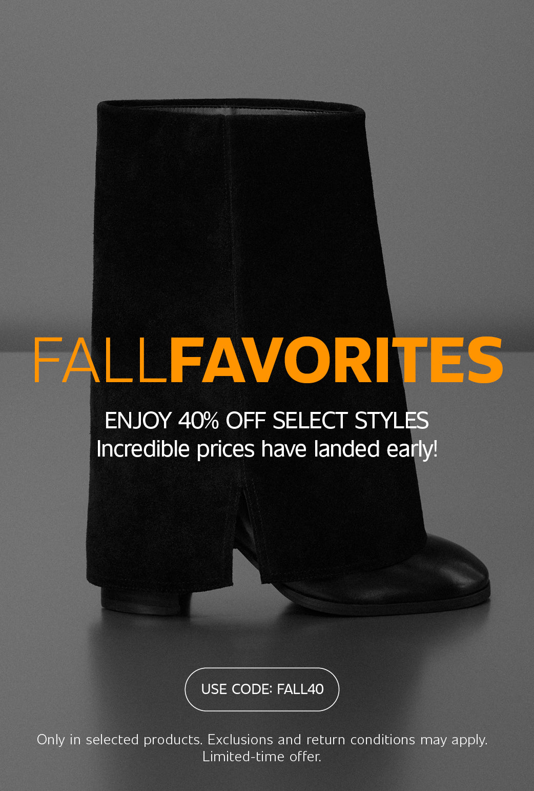 Black leather ankle boots on a grey background with ‘Fall Favorites’ banner promoting 40% off select styles.