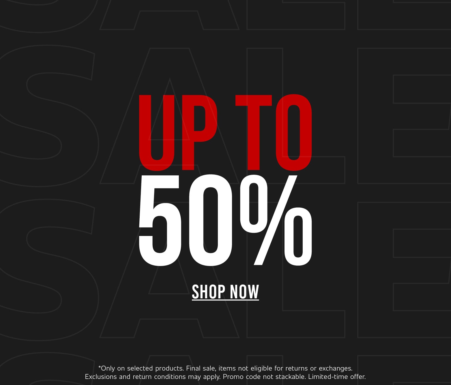 Promotional sale banner on a black background featuring oversized outlined 