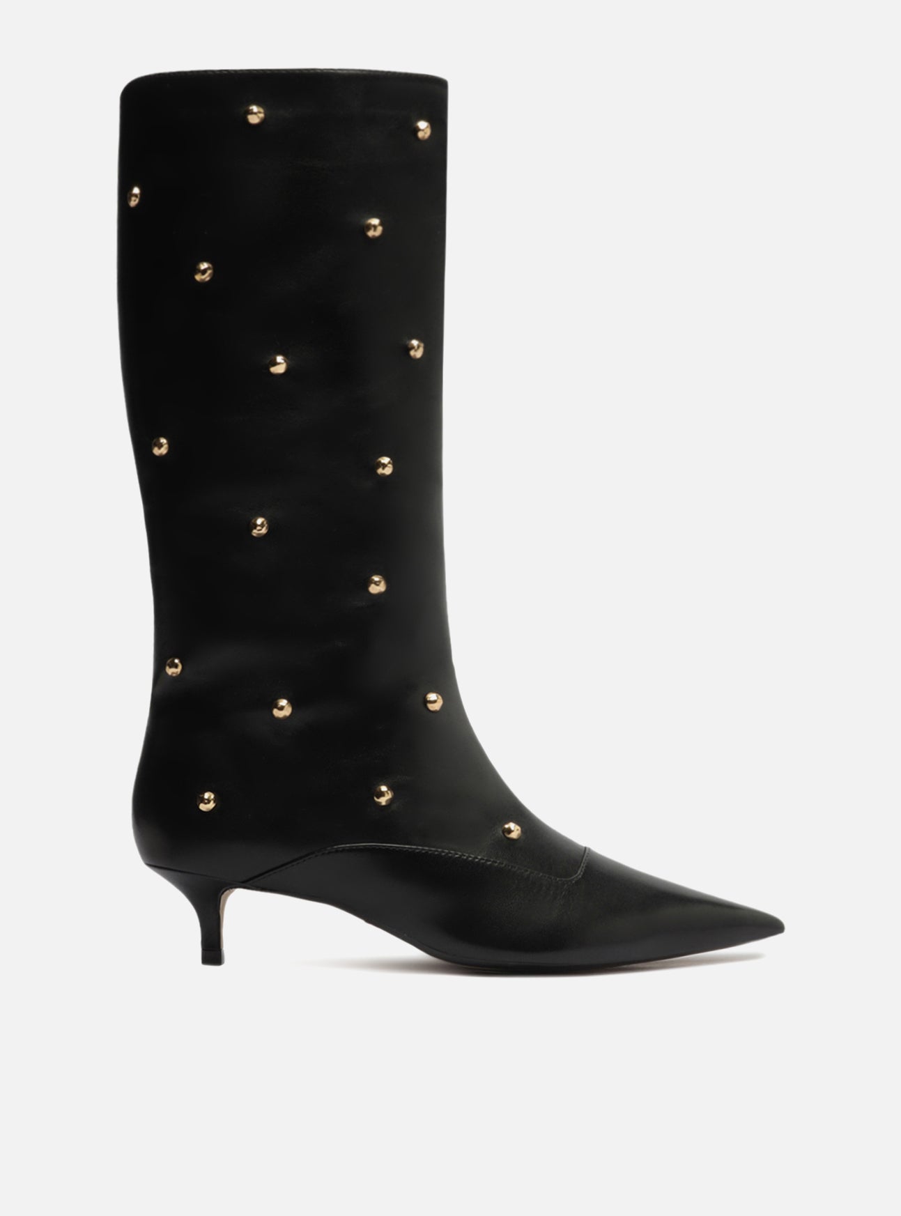 Black leather boot with mid-shaft silhouette, a low heel, and a pointed toe. It has a snug-fitting upper and golden metallic studs applied throughout the shaft.