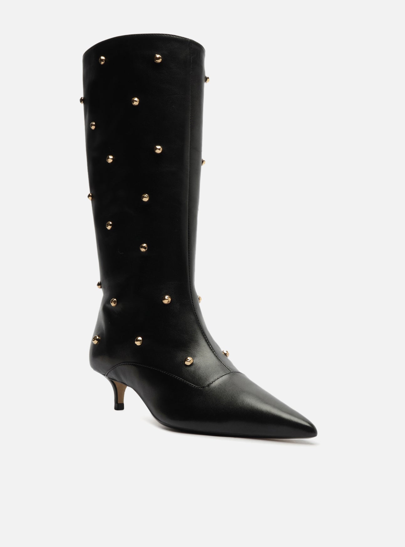 " Black leather ankle boots with a mid-calf, kitten heel and pointed toe. It has a tight upper and golden metallic studs throughout the shaft."