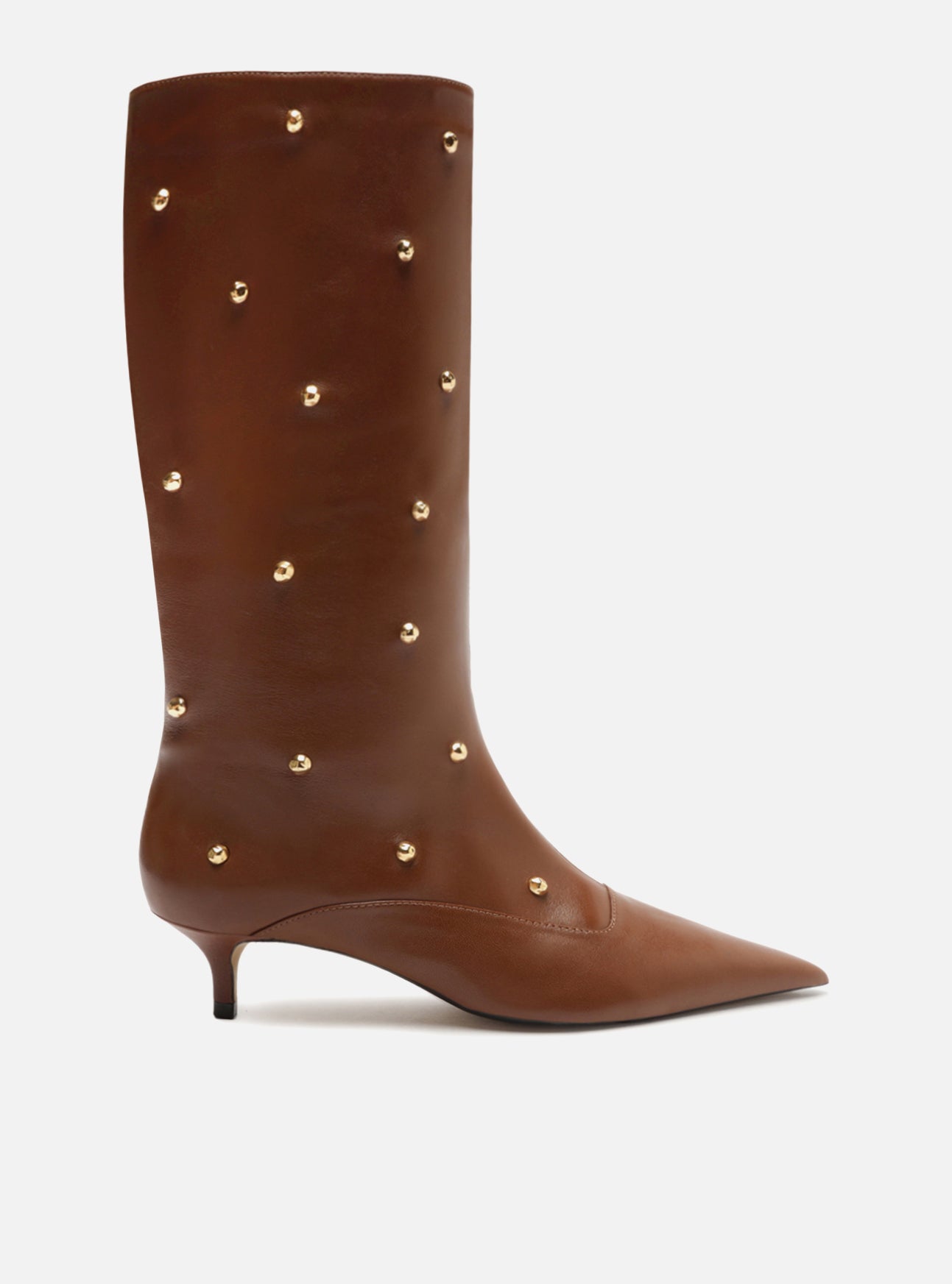 " Brown leather ankle boots with a mid-calf, kitten heel and pointed toe. It has a tight upper and golden metallic studs throughout the shaft."