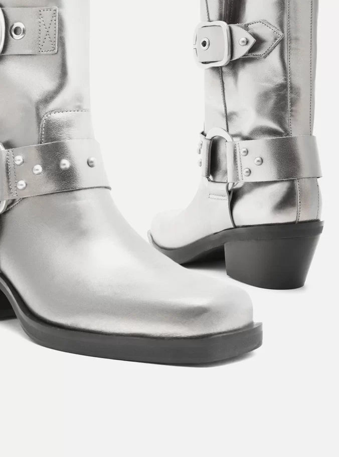 Silver biker boots discount