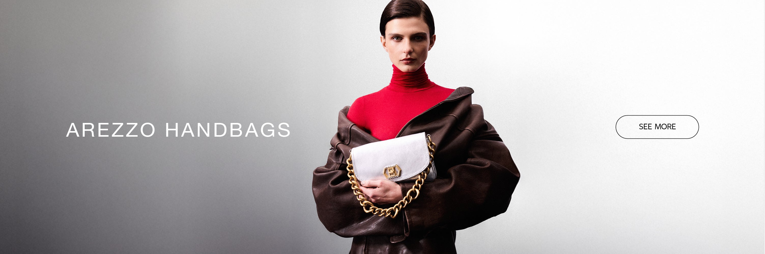 Beyond Time campaign banner featuring model in red outfit with white leather handba