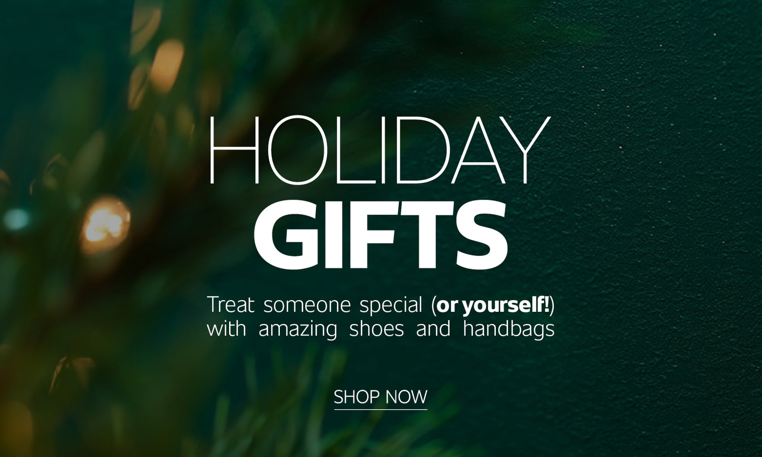 Holiday Gifts banner with blurred Christmas lights and greenery background, promoting Arezzo’s gift selection of shoes and handbags.
