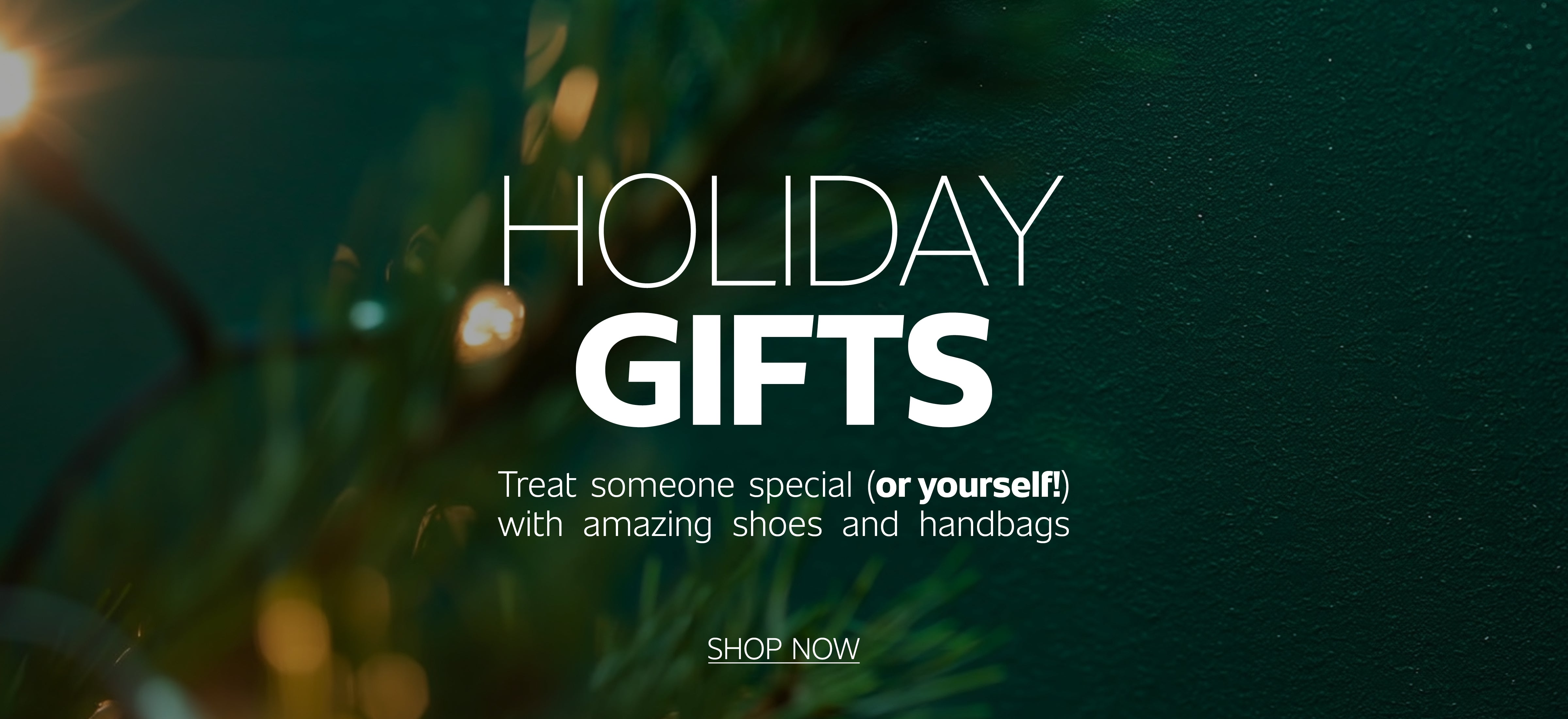 Holiday Gifts banner with blurred Christmas lights and greenery background, promoting Arezzo’s gift selection of shoes and handbags.