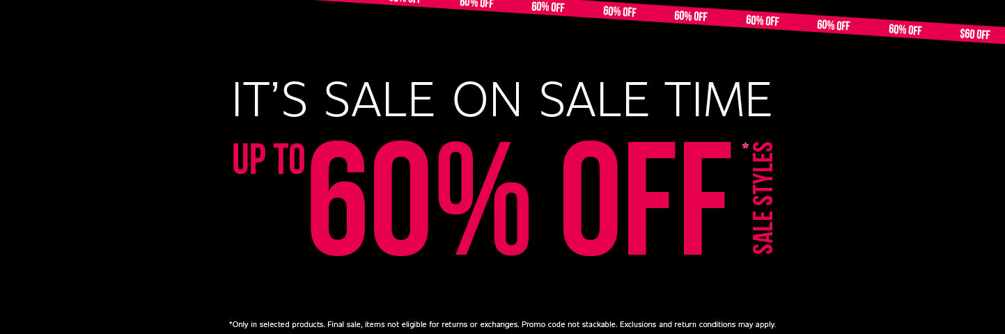 Black sale banner with text 'It's Sale on Sale Time – Up to 60% off sale styles.