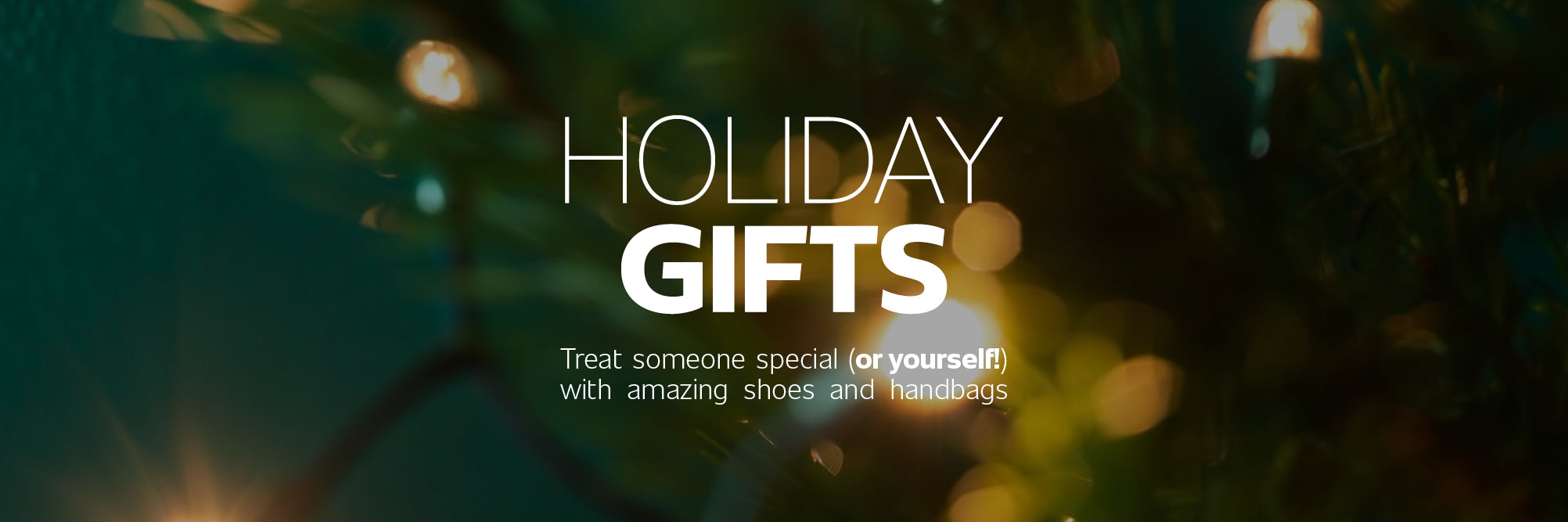 Holiday Gifts banner with blurred Christmas lights and greenery background, promoting Arezzo’s gift selection of shoes and handbags.