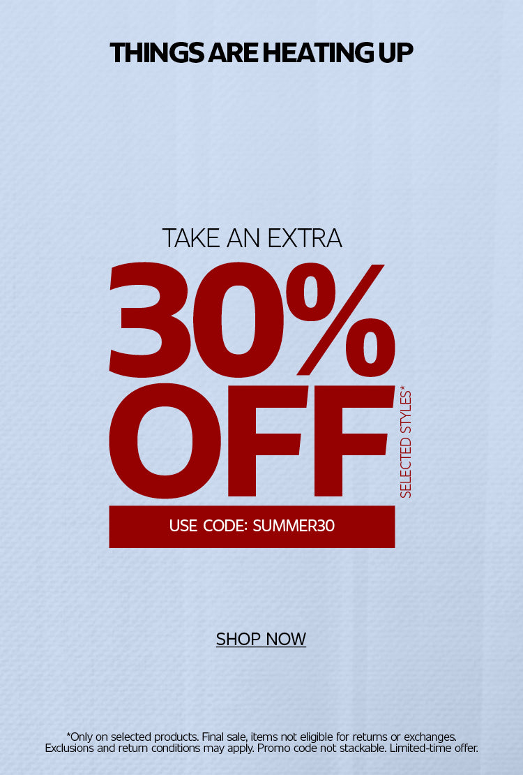 Promotional banner featuring a large "Take an Extra 30% OFF Selected Styles" offer in red. The promo code "SUMMER30" appears below the offer, followed by a "Shop Now" call to action. Fine print at the bottom states the offer is valid on selected products only, excludes returns and exchanges on final sale items, cannot be combined with other promo codes, and is available for a limited time.