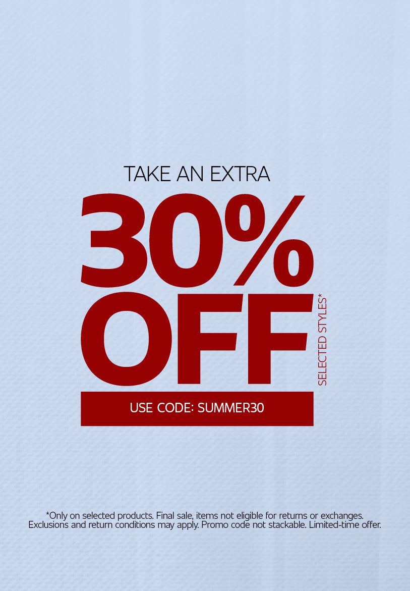 Promotional banner featuring a large "Take an Extra 30% OFF Selected Styles" offer in red. The promo code "SUMMER30" appears below the offer, followed by a "Shop Now" call to action. Fine print at the bottom states the offer is valid on selected products only, excludes returns and exchanges on final sale items, cannot be combined with other promo codes, and is available for a limited time.