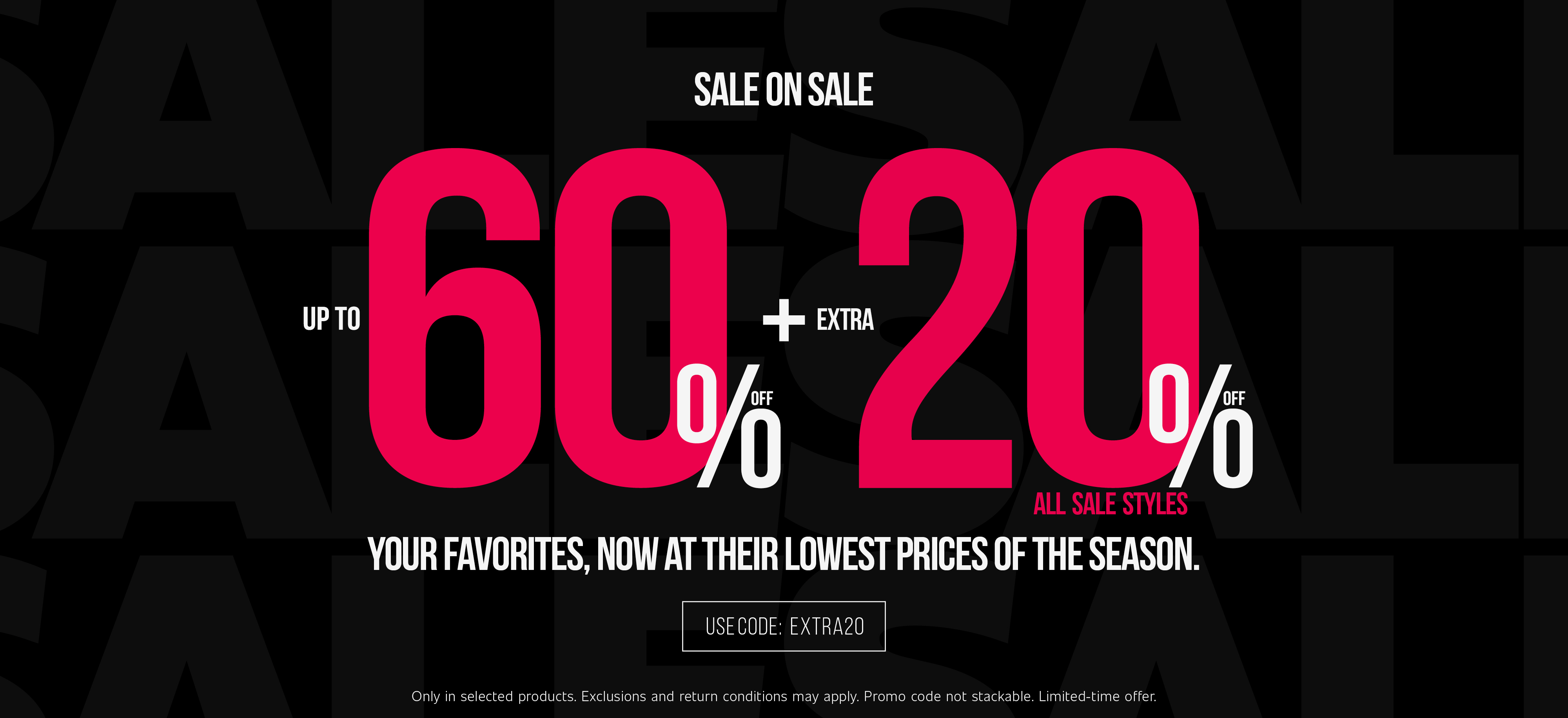 Homepage banner with bold black and red design promoting sale on sale, featuring up to 60% off plus an extra 20% off all sale styles with code EXTRA20
