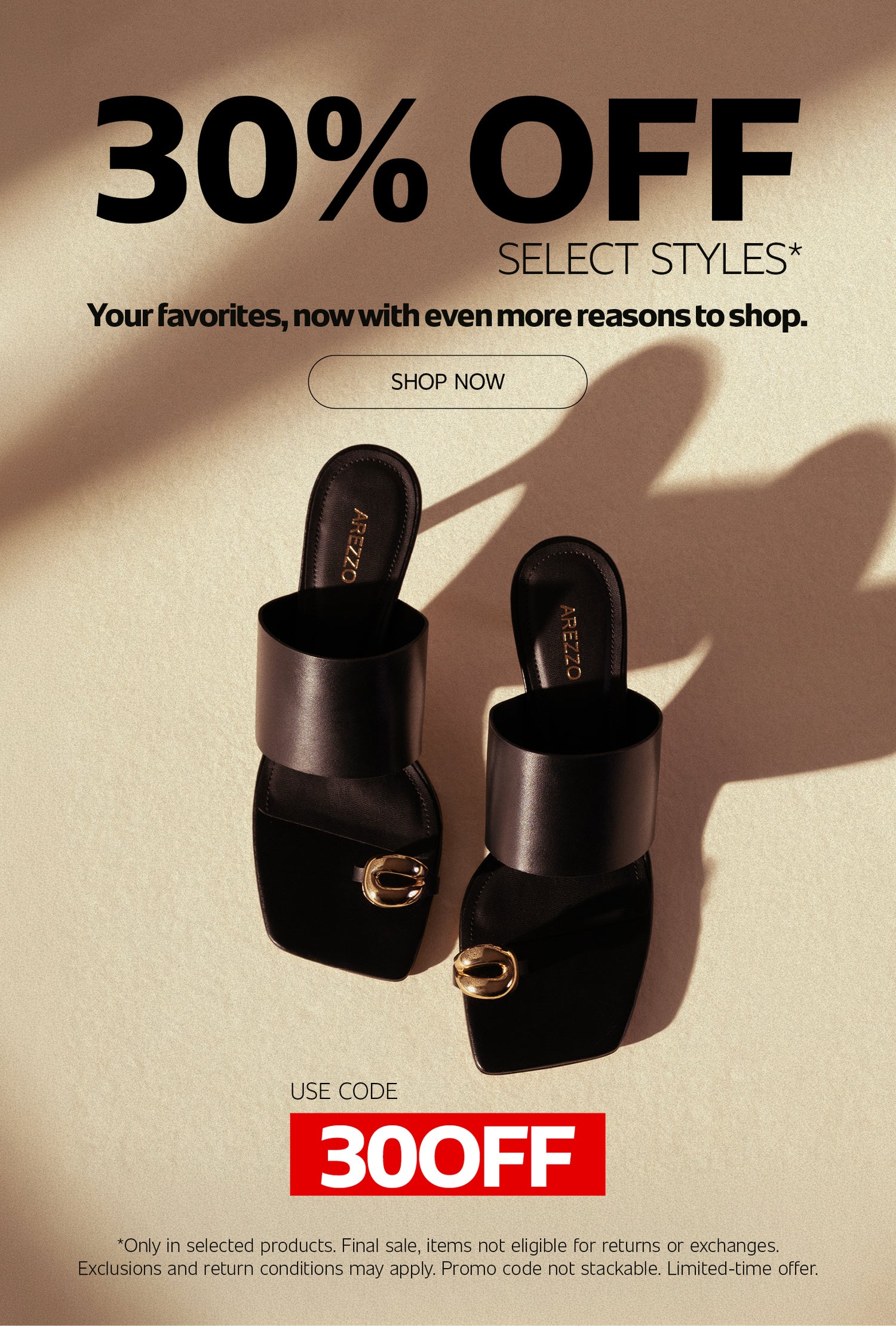 Black Arezzo slide sandals displayed in a minimalist fashion campaign with soft shadows and neutral background.