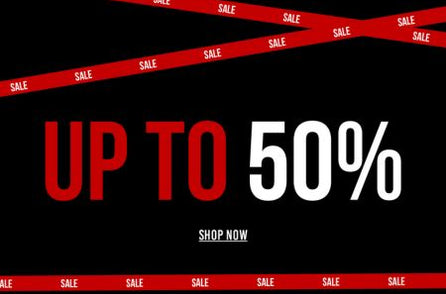 Black promotional banner with red sale ribbons crossing the image and large text reading “UP TO 50%” in red and white.