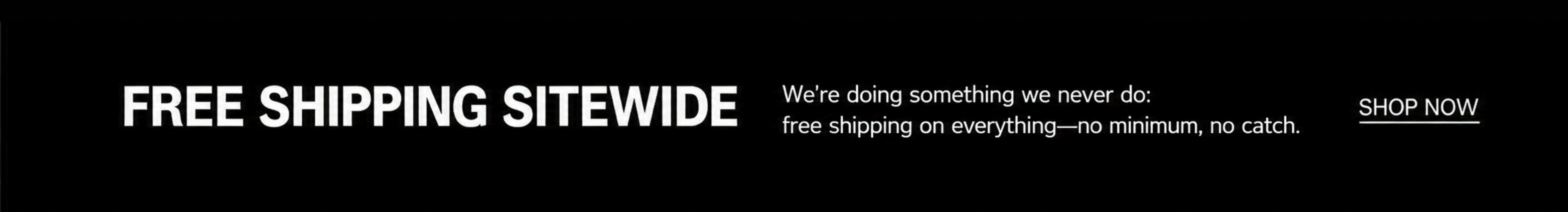 Free Shipping Sitewide promotional banner with the headline "FREE SHIPPING SITEWIDE" in bold white text on a black background. Supporting copy reads: "We're doing something we never do: free shipping on everything—no minimum, no catch." A "Shop Now" link appears on the right.