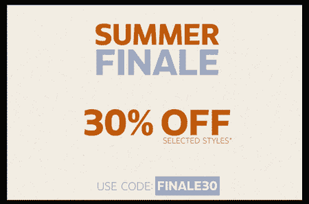 Summer Finale banner featuring 30% off selected styles and code FINALE30