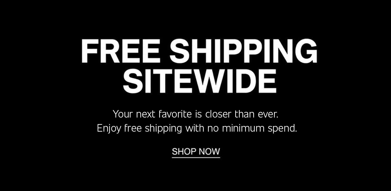 Black banner featuring “Free Shipping Sitewide,” supporting copy about free shipping with no minimum spend, a “Shop Now” CTA, and a disclaimer noting that the offer is not valid in Alaska, Hawaii, or Puerto Rico.