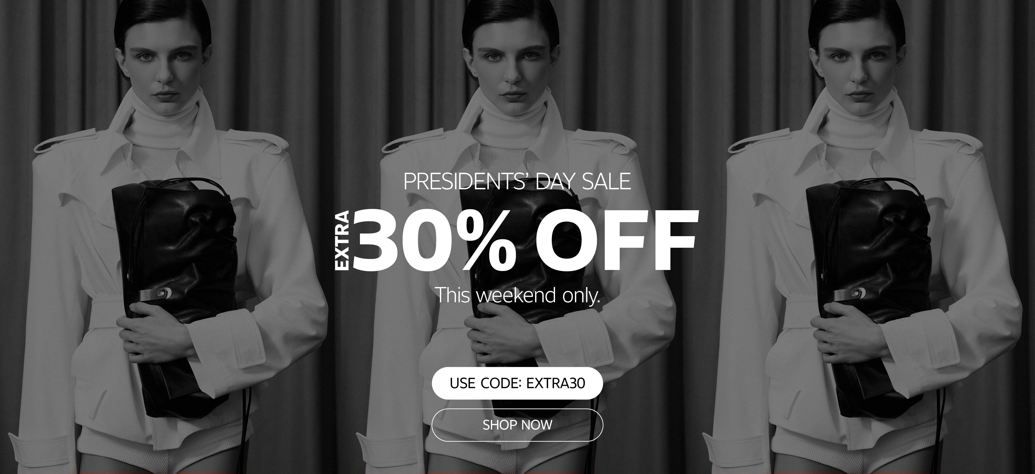 Homepage banner showing a model in a black outfit wearing ankle boots, promoting an extra 30% off sale styles with code EXTRA30 and a ‘Shop Now’ call to action.