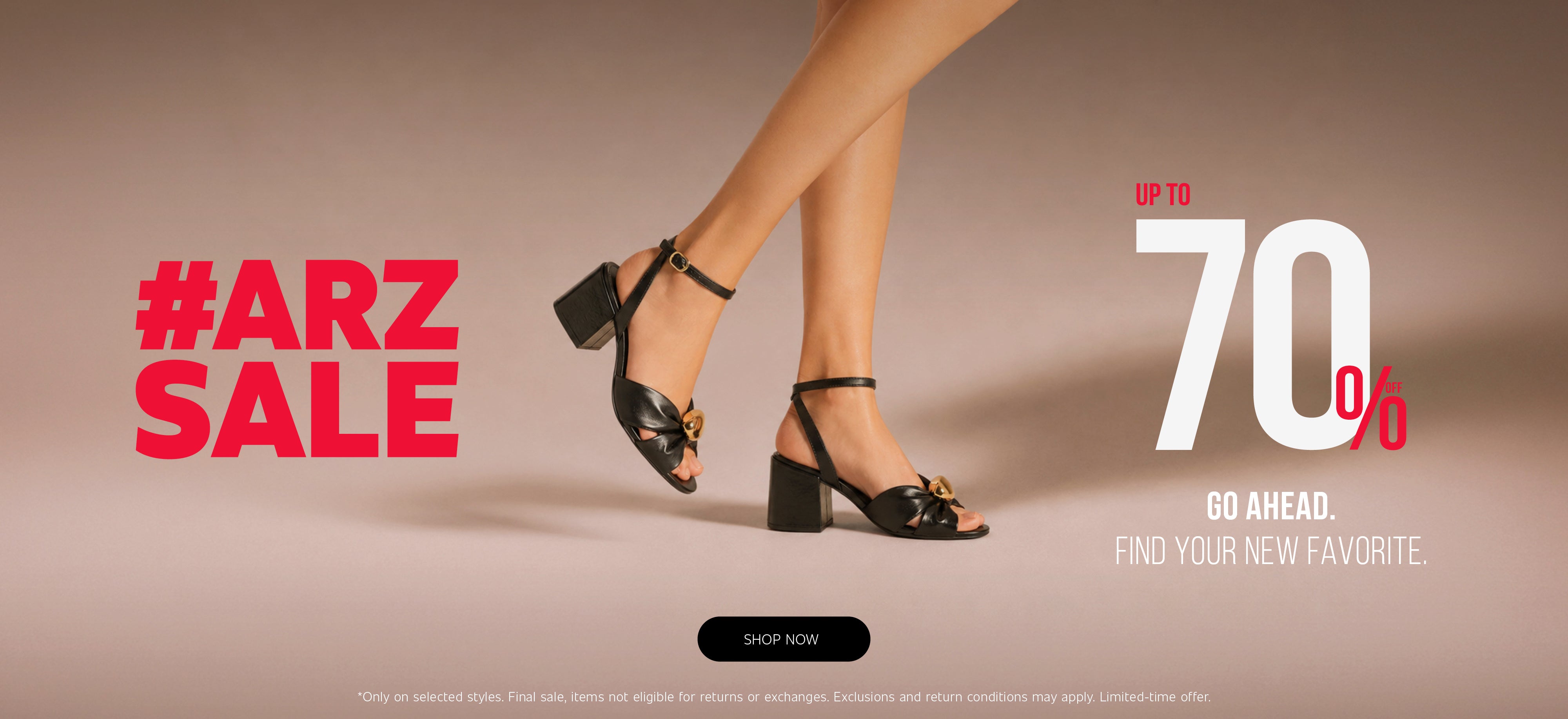 Black leather block heel sandals with gold hardware featured in the Arezzo Sale campaign offering up to 70% off selected styles.