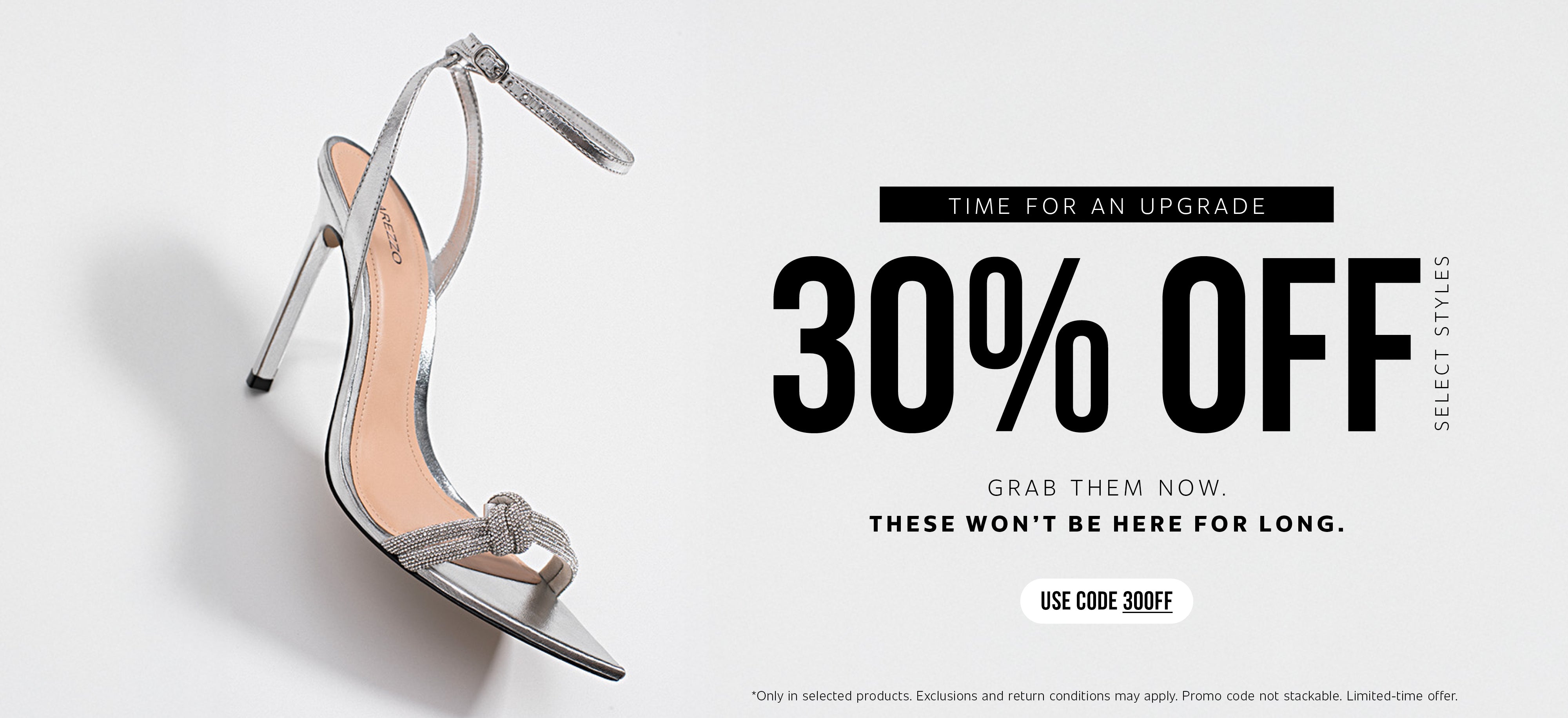 Homepage banner featuring a metallic silver high-heel sandal with rhinestone detail, promoting 30% off select styles with code 30OFF for a limited-time sale.