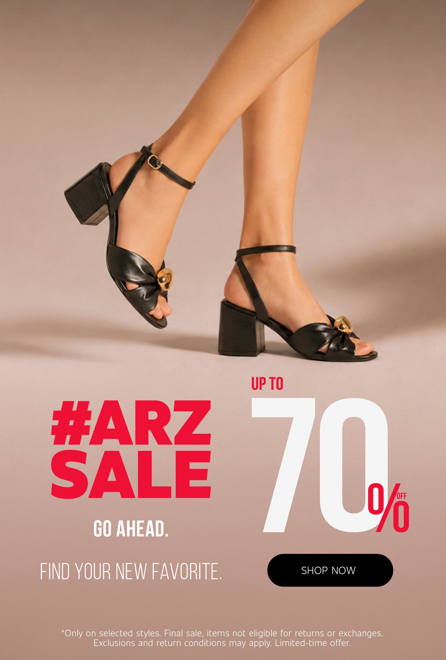 Black leather block heel sandals with gold hardware featured in the Arezzo Sale campaign offering up to 70% off selected styles.