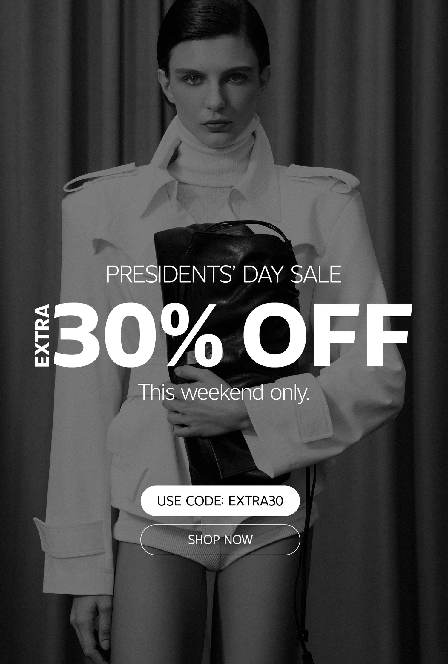 Homepage banner showing a model in a black outfit wearing ankle boots, promoting an extra 30% off sale styles with code EXTRA30 and a ‘Shop Now’ call to action.