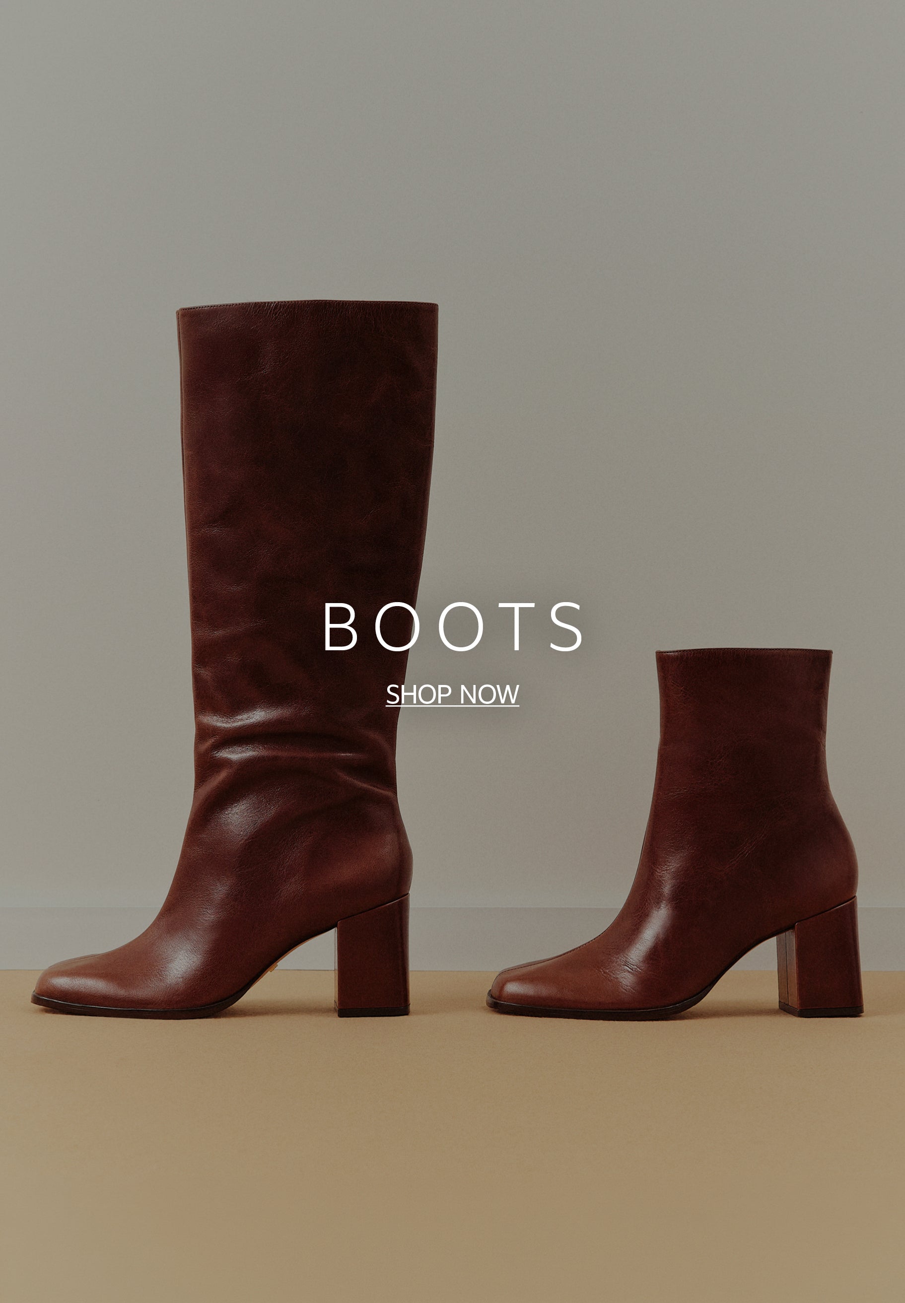 Two brown leather boots with block heels displayed on a two-toned neutral surface. The boot on the left is a knee-high style, and the boot on the right is an ankle-high style. Large white text in the center reads 