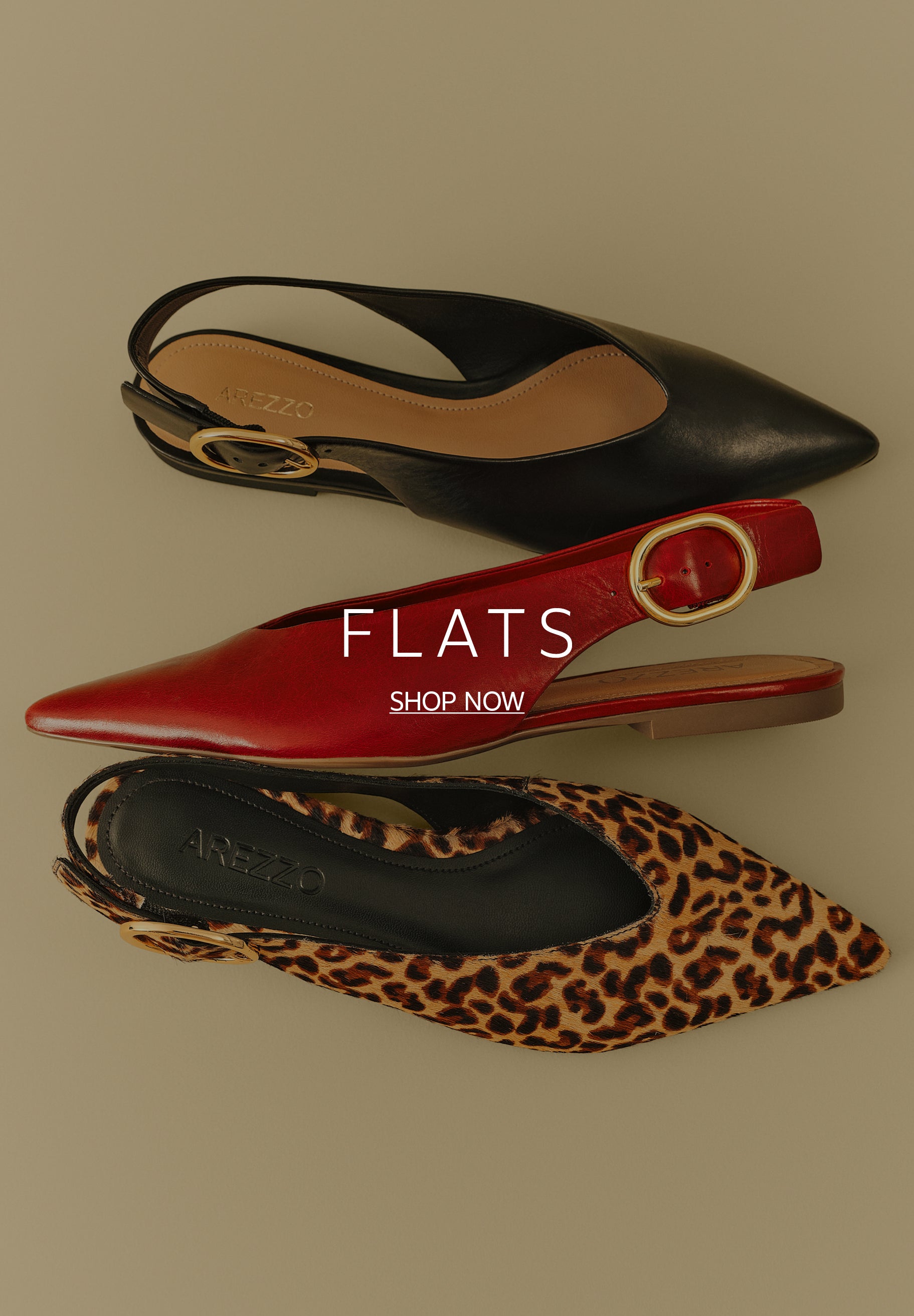 Three pointed-toe slingback flats by the brand Arezzo are stacked vertically against a solid beige background. The top shoe is black leather, the middle shoe is red leather, and the bottom shoe features a textured leopard print. Each shoe has a gold circular buckle on the heel strap. Centered over the shoes is large white text that reads 