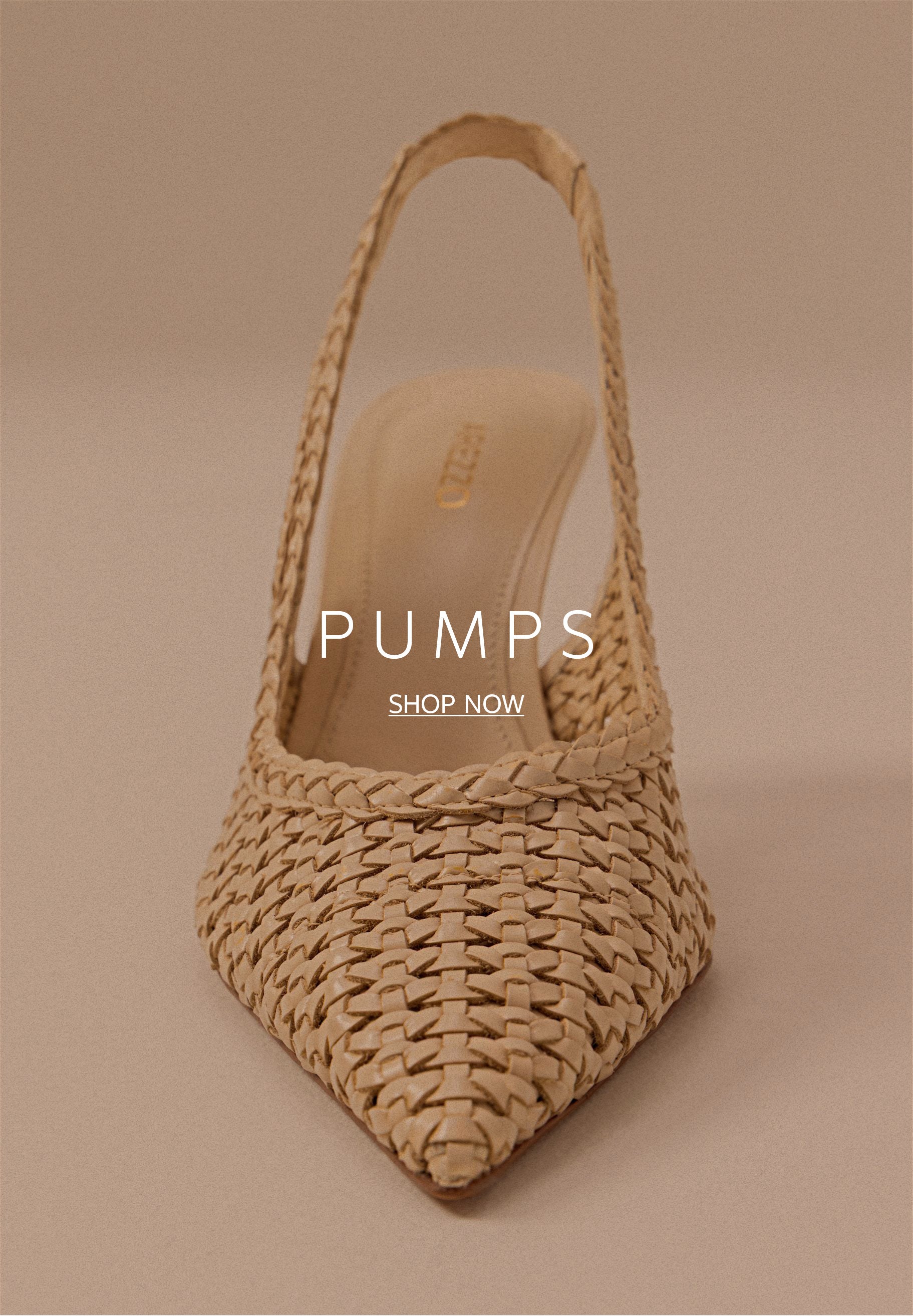 A beige, woven straw slingback pump shoe with a pointed toe, positioned facing forward on a neutral background.