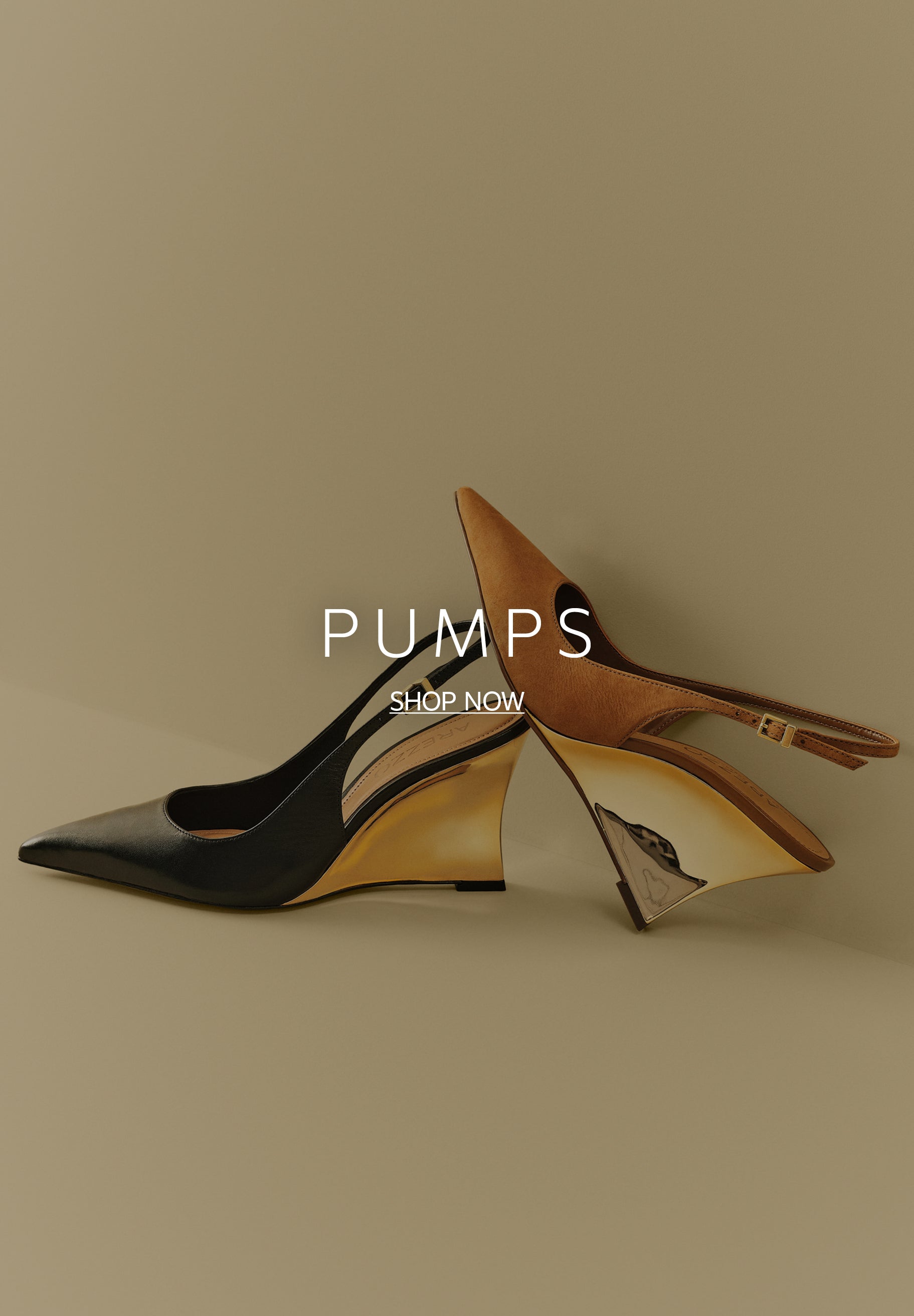 Two pointed-toe slingback pumps against a beige background. The shoe in the front is black leather with a metallic gold sculptural wedge heel. A brown suede pump rests behind it, positioned to reveal its matching metallic heel. White text in the center reads 