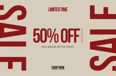 Beige promotional banner with bold red typography announcing a limited-time 50% off sale on selected styles, featuring the text “New Season. Better Prices.” and a “Shop Now” button.