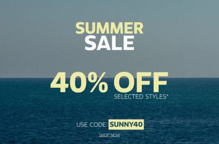 Summer Sale banner featuring a blue ocean horizon with the text “Summer Sale”, “40% Off Selected Styles”, and “Use Code: SUNNY40”.